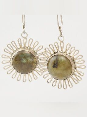 Vintage Labradorite Sterling Silver Flower Dangle Earrings Large Statement
